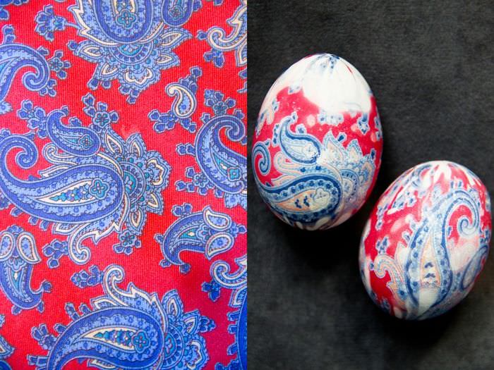 Декорирование пасхальных яиц с помощью яркой шелковой ткани