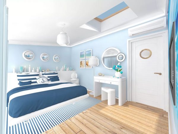 Спальня в морском стиле с голубыми стенами