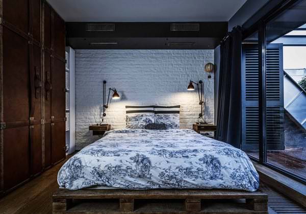 pallet-bed-brown-cupboard-glass-window-black-wooden-door-curtain-wall-light-bookcase-cushion-bedcover-woodne-drawer-storage