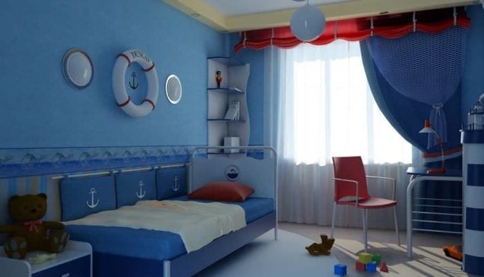 Большая детская комната в морском стиле для маленького юнги 