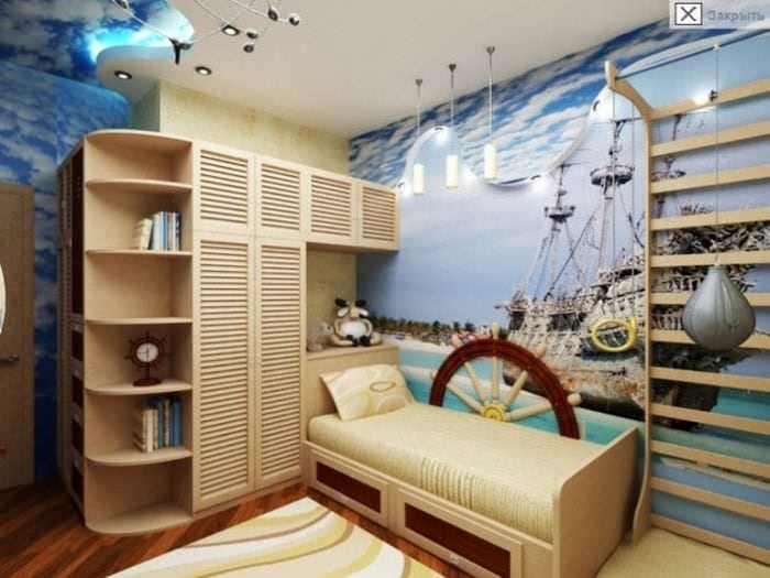 Детская комната для мальчика в морском стиле с кроватью – трансформером
