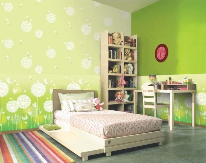 Дизайн фотообоев для детской комнаты в зеленых теплых оттенках