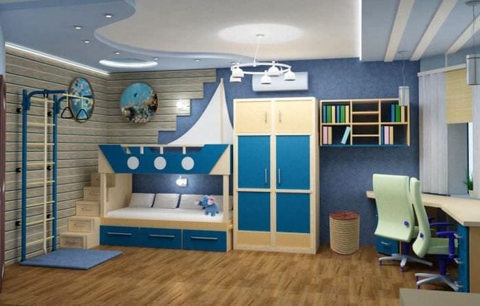 Морской стиль для декора просторной детской комнаты для мальчика 