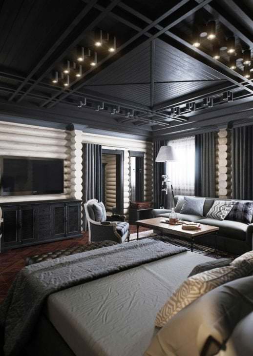деревянный черный потолок в дизайне спальни