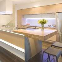 яркий интерьер бежевой кухни в стиле минимализм картинка