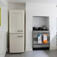 большой холодильник в фасаде кухни в сером цвете фото