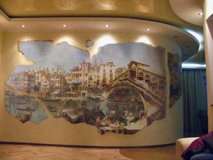 фрески в интерьере спальни с рисунком пейзажа