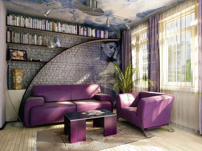 светлый фиолетовый диван в фасаде прихожей