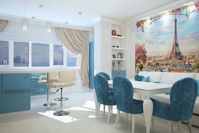 яркий дизайн комнаты в голубом цвете