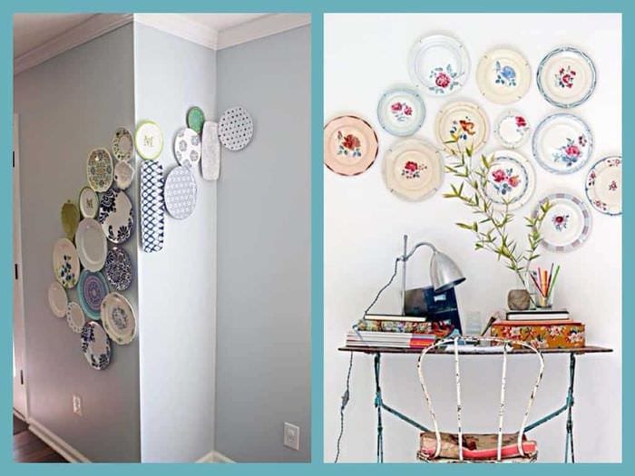 ideya neobychnogo dizajna spalni s dekorativnymi tarelkami na stenu