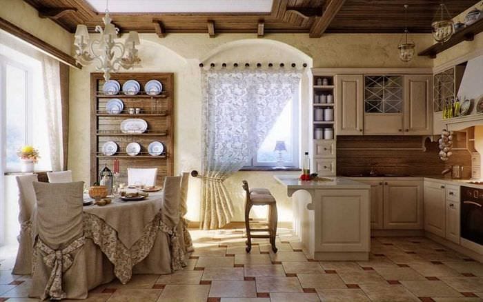 вариант красивого интерьера кухни в деревенском стиле