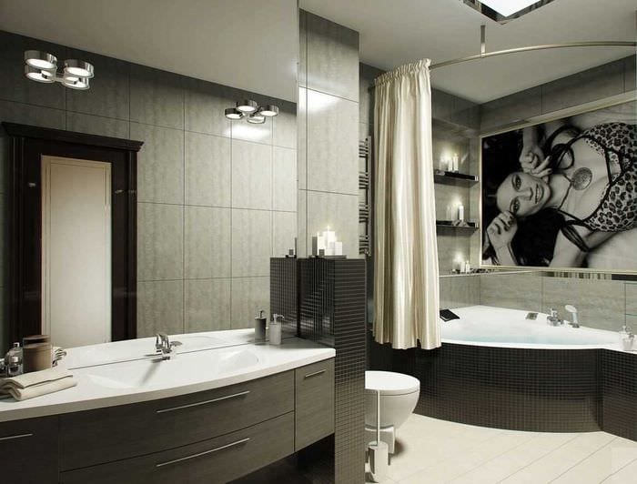 идея красивого интерьера ванной комнаты с угловой ванной