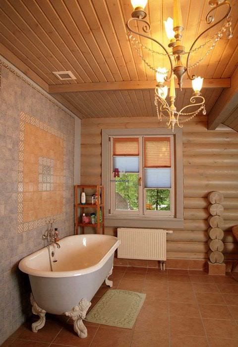 идея красивого стиля ванной комнаты в деревянном доме
