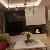 пример необычного дизайна гостиной комнаты с камином картинка
