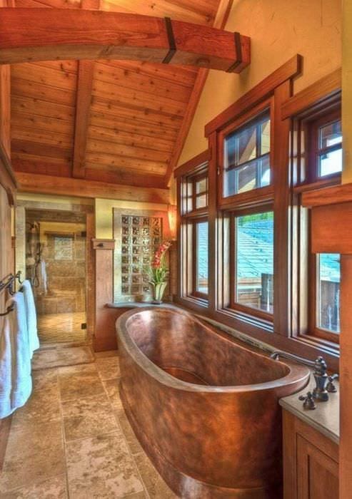 вариант современного дизайна ванной комнаты в деревянном доме