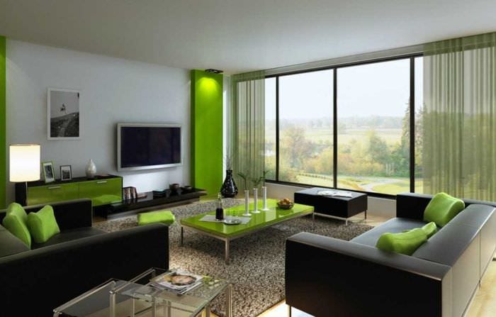 пример использования зеленого цвета в ярком дизайне квартиры