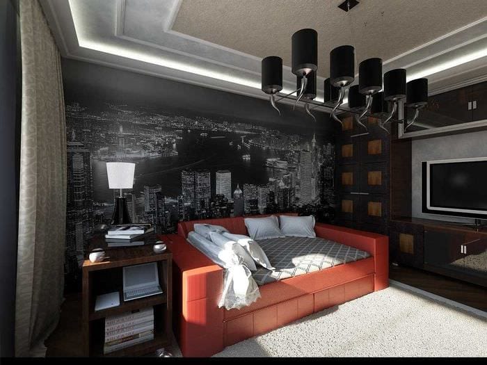 идея яркого интерьера спальной комнаты для молодого человека