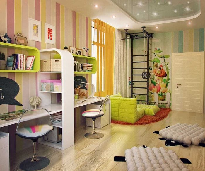 идея светлого дизайна детской комнаты для двоих девочек