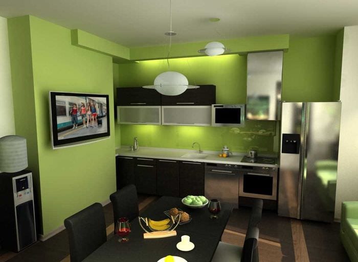 вариант применения зеленого цвета в необычном интерьере квартиры