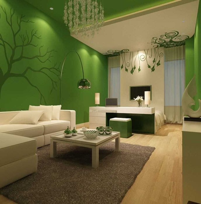идея применения зеленого цвета в красивом декоре комнаты