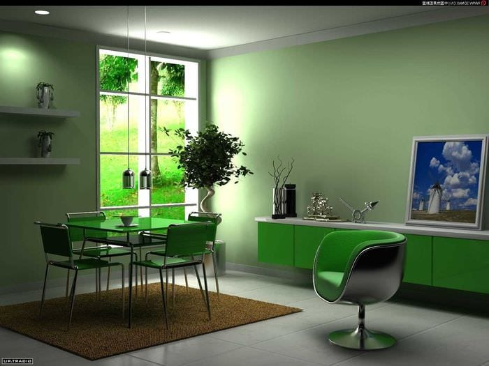 вариант использования зеленого цвета в необычном дизайне квартиры