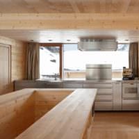 идея светлого дизайна кухни в деревянном доме картинка