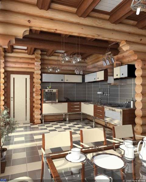 вариант яркого декора кухни в деревянном доме картинка
