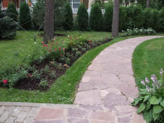 пример использования ярких садовых дорожек в дизайне двора