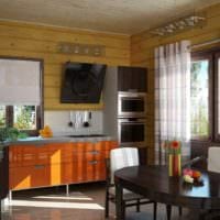 пример красивого дизайна кухни в деревянном доме картинка