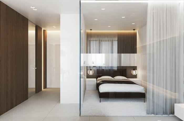 дизайн однокомнатной квартиры 33 м2 со стеклянной спальней