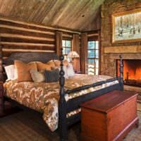 спальня в деревянном доме с каменной кладкой