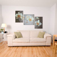 Картины с цветами на окрашенной стене гостиной