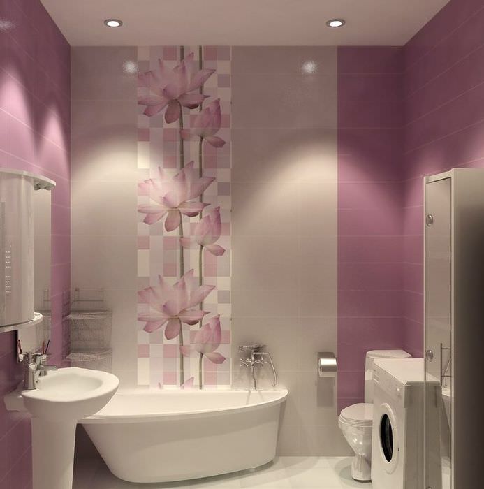 Декоративное панно из керамической плитки в интерьере ванной комнаты