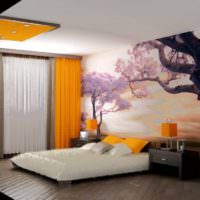 Панорамные фотообои в спальне с оранжевыми шторами