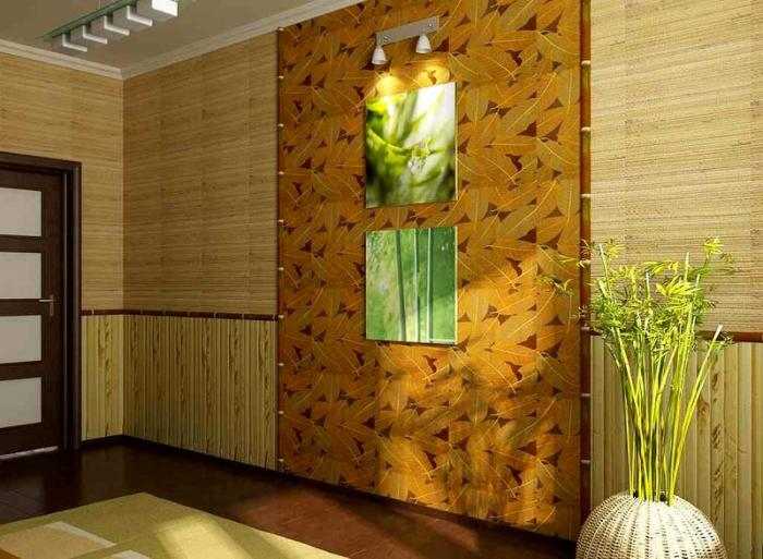 Бамбуковые обои в интерьере гостиной комнаты