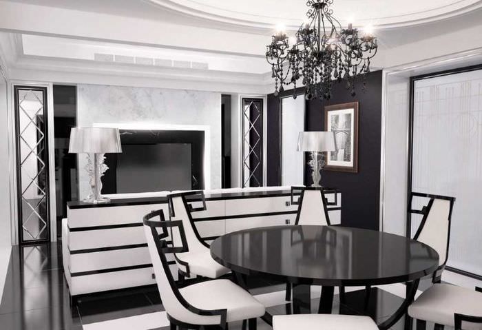 Дизайн кухни-гостиной в черно-белых оттенках