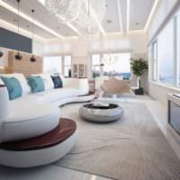 Дизайн освещения просторной гостиной комнаты с панорамными окнами