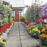 Клумбы с цветами по краям садовой дорожки