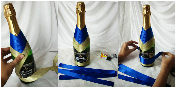 Декорирование бутылки шампанского лентами своими руками