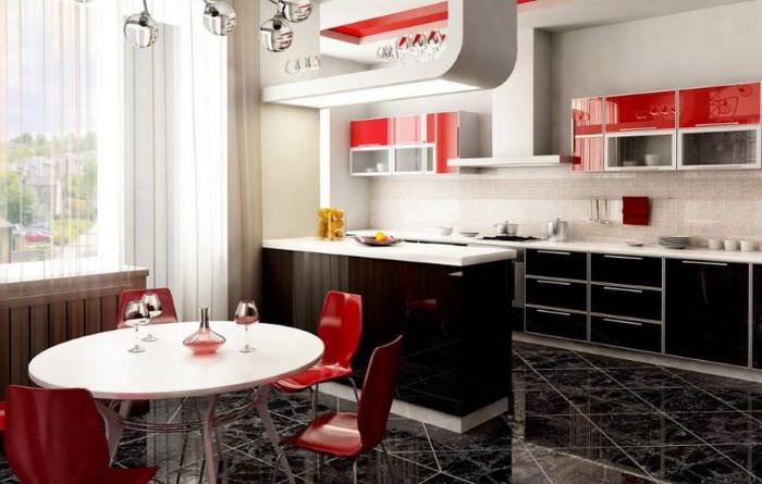 Интерьер кухни-гостиной в красно-черном цвете