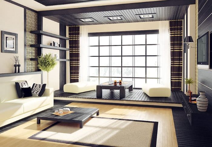 Ламинат светлого оттенка на полу гостиной в японском стиле