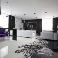 Черно-белый дизайн гостиной в частном доме