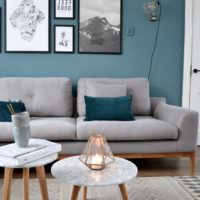 Бирюзовая стена и серая мебель в дизайне жилой комнаты