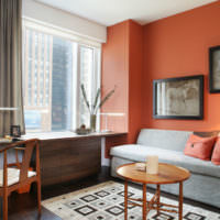 Серый и оранжевый цвета в интерьере спальной комнаты