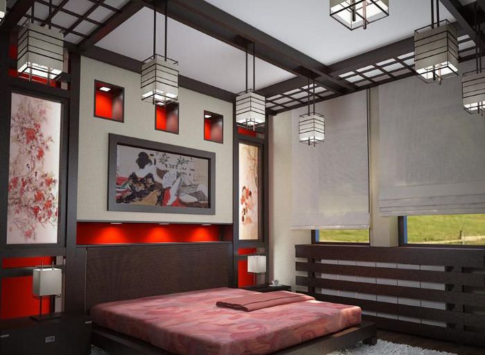 Стильная спальня с потолочными балками в японском стиле