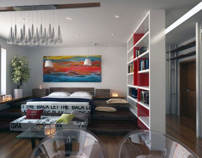 Дизайн однокомнатной квартиры с открытыми стеллажами