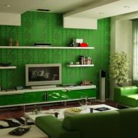 Зеленые обои в гостиной современного стиля