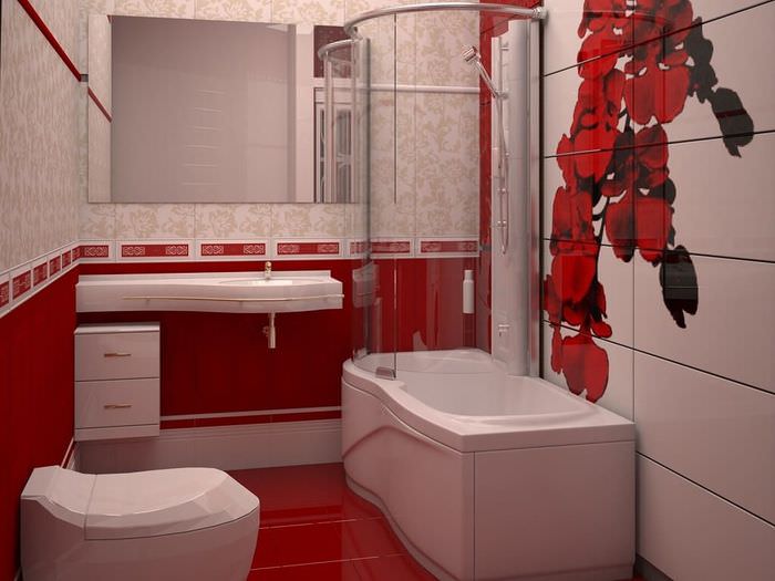 Красная кафельная плитка на стене и полу ванной с туалетом
