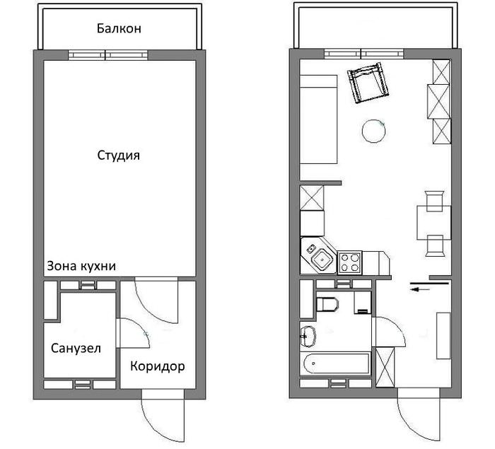 Схема квартиры-студии площадью в 25 кв м