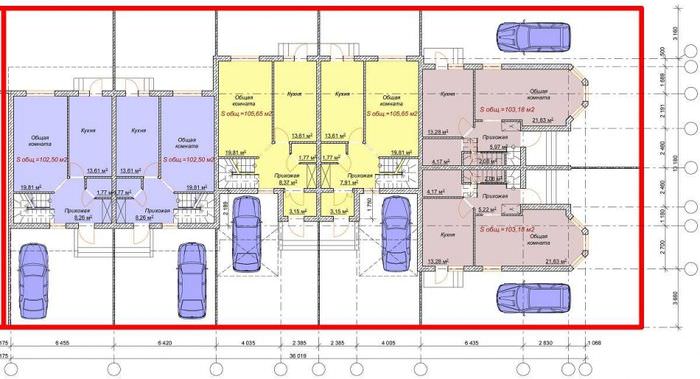 Планировка современного таунхауса с указанием мест для парковки